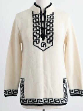 Vintage 1970s Carol Brent Mod Greek Key Knit Sweater Ivory Black Pullover Size M
